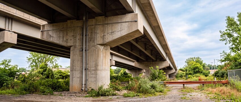 Highway overpass bridge with concrete support pillars and steel girders. Civil engineering infrastructure with road flyover and structural columns