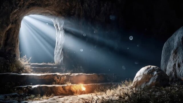 The empty tomb with a stone rolled away, illuminated by divine light streaming through the opening, symbolizes resurrection and hope. ..Created with Generative AI, not depicting real subjects.