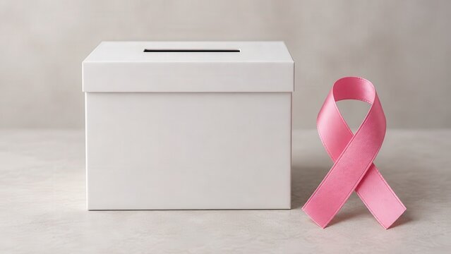 Pink ribbon symbol beside donation box representing cancer healthcare support charity cause campaign