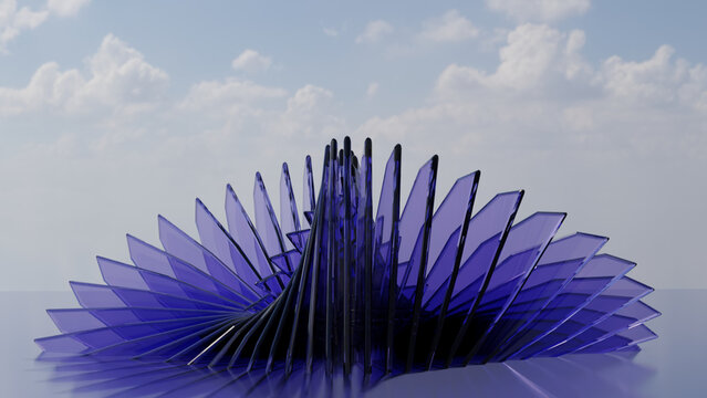 Abstract Blue Glass Angular Wing Fan Sculpture with Sky