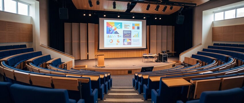 Empty lecture hall with projection screen displaying charts. Auditorium seating facing presentation stage in university. Education conference and seminar concept