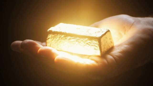 A hand holds a shining gold bar, its surface reflecting the warm, golden light. The scene evokes wealth, luxury, and value. ..Created with Generative AI, not depicting real subjects.