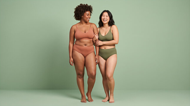 Two diverse women smiling and hugging in matching lounge bras and briefs, solid green background, joyful expression. Lifestyle, fashion, body positivity, wellness.