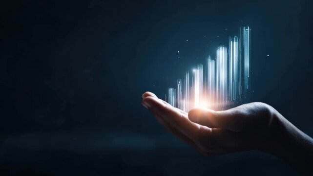 A glowing graph rising above an outstretched hand symbolizes financial growth and success. ..Created with Generative AI, not depicting real subjects.