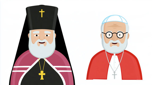 Flat vector illustration of two senior Christian clergy representatives, an Orthodox bishop or priest in traditional black headwear and a Catholic cardinal or bishop in red vestments