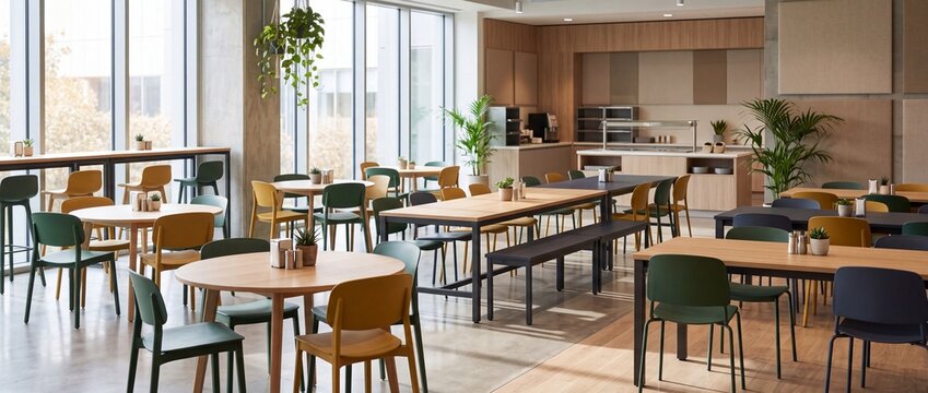 Office cafeteria with dining tables and chairs. Modern corporate canteen and breakroom interior with food service counter. Contemporary workplace cafeteria design