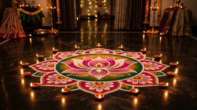 Intricate rangoli design with diya lamps celebrating diwali festival in india