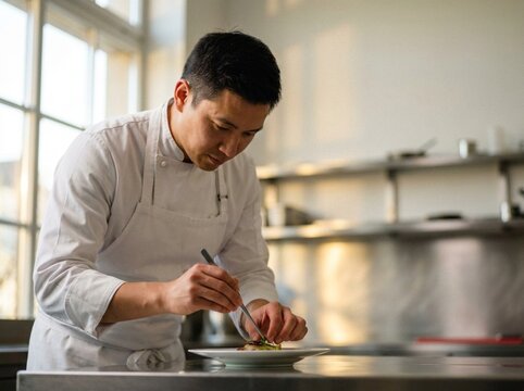 Professional asian chef plating gourmet dish in luxury restaurant