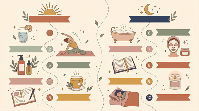 Self-care routine illustration with yoga, skincare and rest