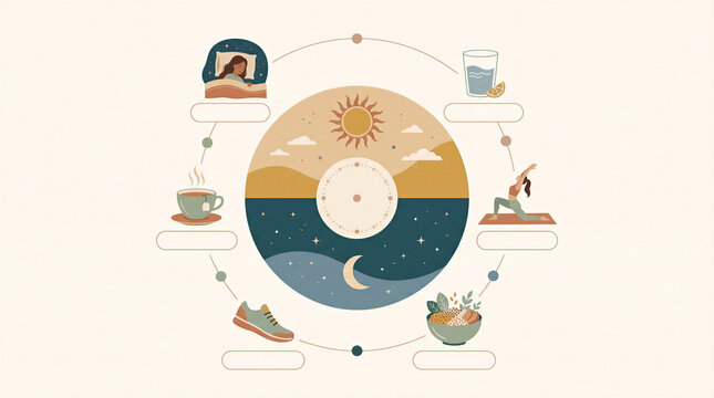 Self care routine infographic with wellness activities around a day