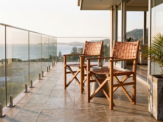 Fototapeta premium Woven Leather Director Chairs on Modern Balcony with Cinematic Rim Lighting