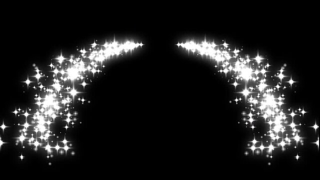 Twinkling white glowing star with sparkling glitter animation, glowing pixie dust shimmer, fast glittering star lines, fairy dust wand glitter stars trail transition on black screen, 4k video