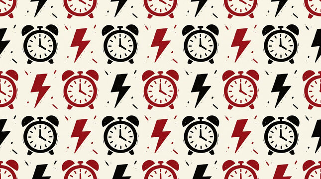 Vintage alarm clock pattern with lightning bolts in red and black on beige. Retro seamless design for time, energy, and urgency concepts. Black friday 