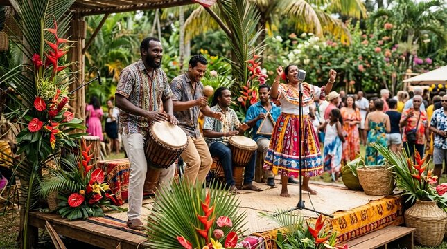 Joyful cultural music performance with drummers and singer on outdoor stage