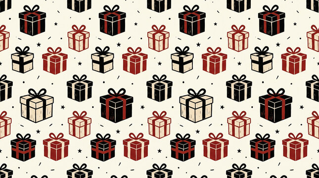 Vintage gift box pattern with black, red, and white presents on beige. Retro seamless design for holiday, birthday, and celebration wrapping. Black friday