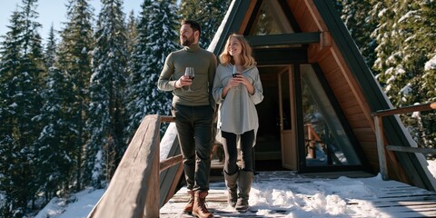 Fototapeta premium Couple walking on a snowy a-frame cabin deck with warm drinks for winter vacation background and outdoor lifestyle banner