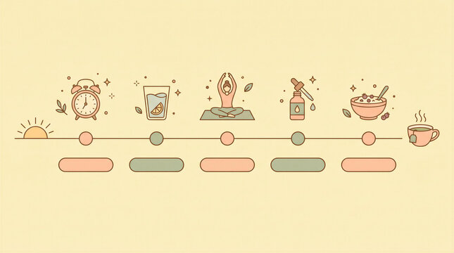 Illustrated morning routine timeline with yoga and breakfast