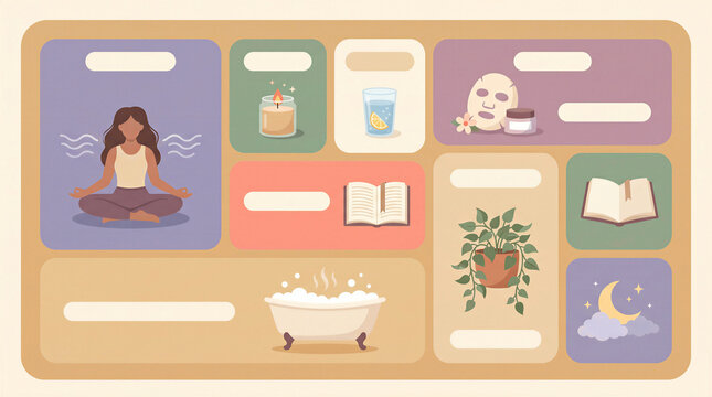 Woman meditating in an illustrated self-care routine collage