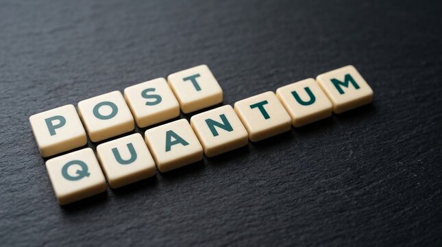 Quantum Computing Technology Word Tiles Arranged on Textured Surface Representing Future of Computing
