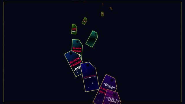 Colorful price tags falling in dark shopping sale background animation