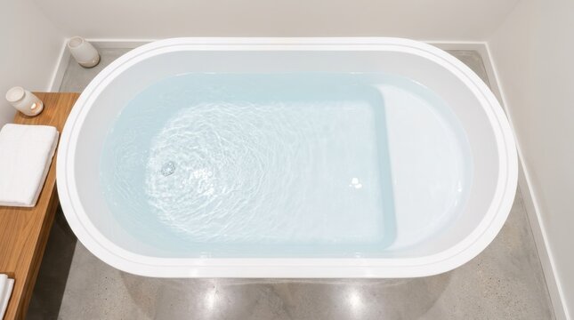 Top view of a white oval flotation tank filled with clear saline solution for sensory deprivation
