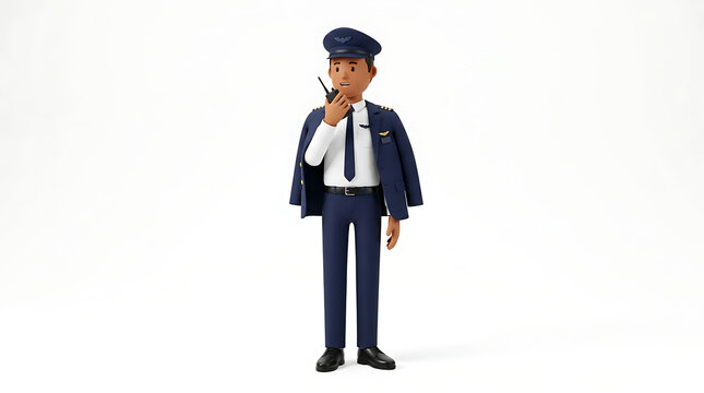 Pilot in uniform with jacket over shoulder talking on radio against white background