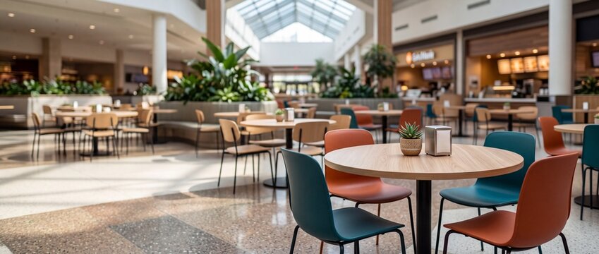 Empty food court dining area in modern shopping mall with colorful chairs and wooden tables. Commercial cafeteria interior with dining furniture and indoor plants