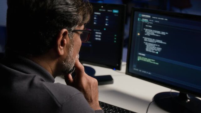Middle aged South Asian IT analyst debugging code on computer screens in over shoulder view. Footage suitable for cybersecurity, software development, and corporate technology projects
