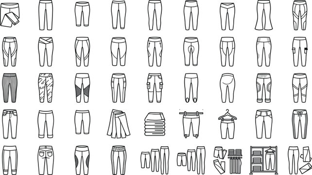 Leggings and women athletic pants line art icon set with activewear yoga leggings tights sweatpants workout pants apparel collection line drawing collection