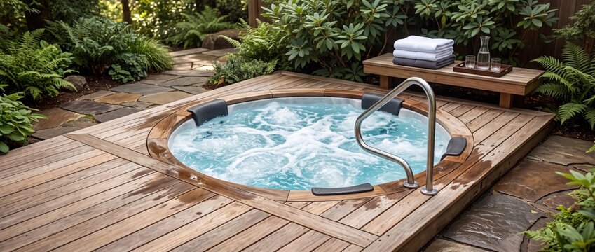 Outdoor hot tub with bubbling water on a wooden deck in a lush garden. Jacuzzi with metal handrail, headrests and folded towels for wellness relaxation