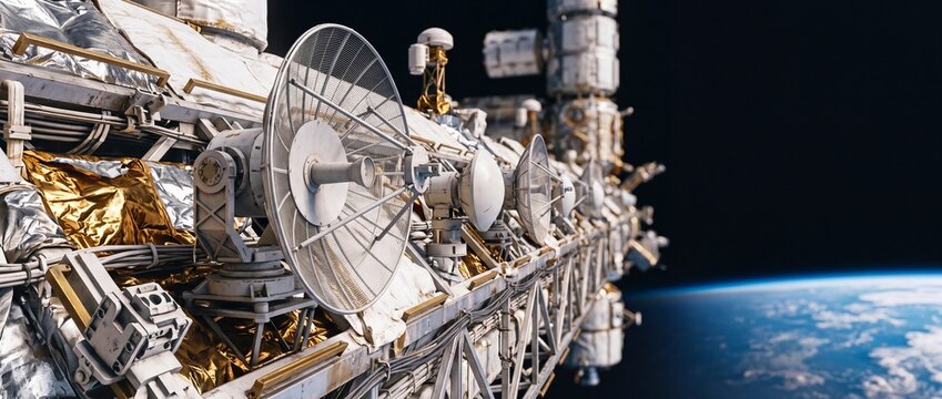 Space station communications array with satellite dish antennas orbiting Earth. Orbital module truss structure with parabolic reflectors in outer space