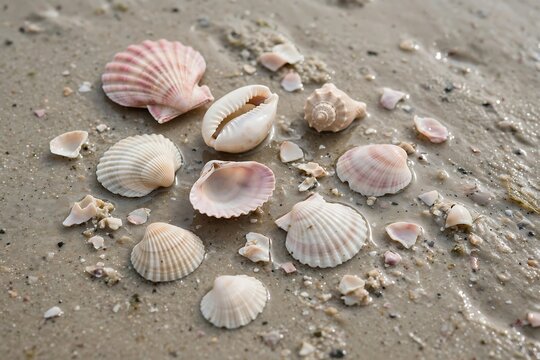 A collection of various seashells scattered on wet sandy beach