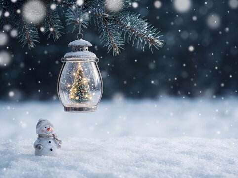 Charming snowman figurine in deep snow next to a hanging glass lantern with a miniature Christmas tree, with a misty forest in the background.