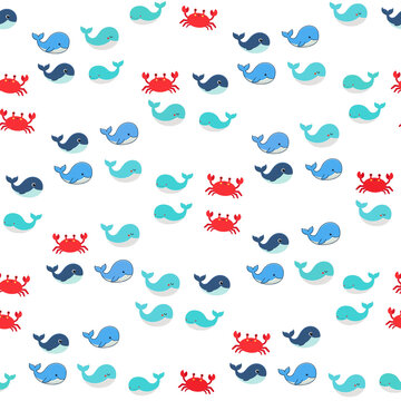 Cartoon whales and crabs seamless pattern