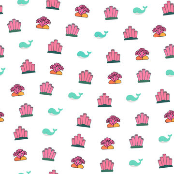 Cute cartoon whale and coral pattern