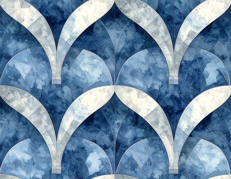 Seamless pattern of interlocking continuous arch arcade grid in soft watercolor wash