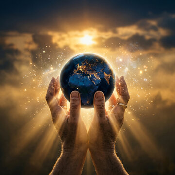 Human hands holding a glowing planet earth against a dramatic sunset sky background.
