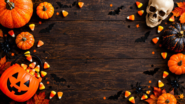 Halloween festive background featuring bright orange pumpkins spooky skull black bats candy corn and autumn leaves arranged neatly along rustic dark wooden planks creating flat lay composition with ce