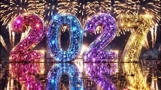 Happy New Year 2027 colorful glittering numbers animation with colorful fireworks and reflection video background