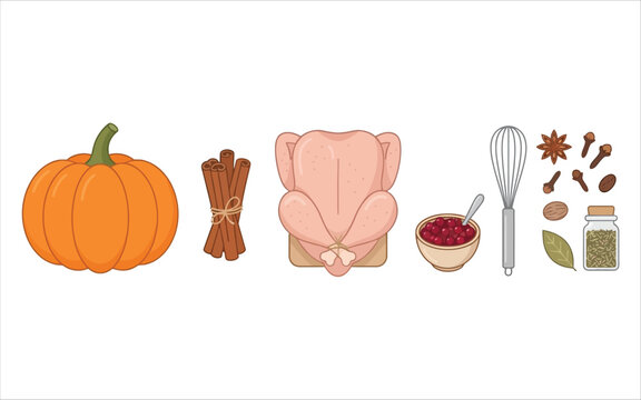 Thanksgiving ingredients illustration featuring pumpkin autumn cinnamon cloves cranberries culinary