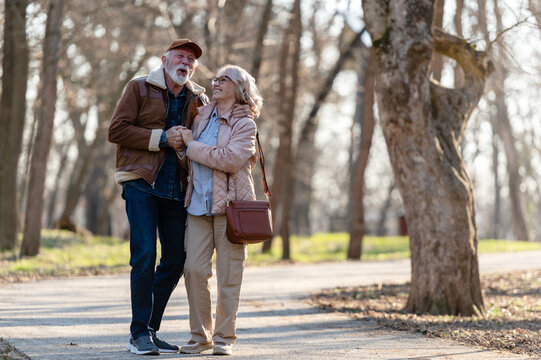 Cheerful senior couple enjoying a walk together in a sunlit park, holding hands and talking while maintaining an active, healthy and socially connected retirement lifestyle