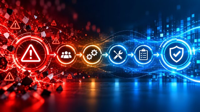 Abstract visualization of risk management workflow converting system errors into secure resolved states through team collaboration and technical process optimization.