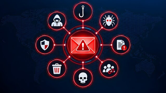 Comprehensive global cyber threat ecosystem showing central malicious email surrounded by hacker phishing malware ransomware and data breach warning icons