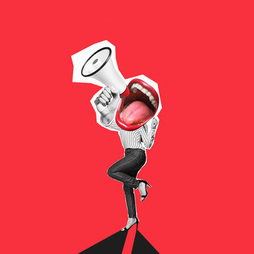 Flat design art. Stylish trendy collage of modern art. Crazy celebrate, announce, information - big mouth screams in megaphone.