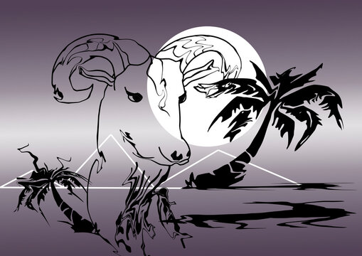 Black contour of a head of a Moroccan ram among palm trees against white triangular mountains and a large full moon