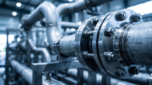 Industrial stainless steel piping system with heavy duty bolted flanges in a modern manufacturing facility interior featuring cinematic blue lighting and sharp mechanical details for enginee