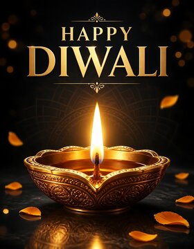 Happy diwali festive background with glowing diya oil lamp and floating bokeh lights festival greeting celebration traditional religion marigold background
