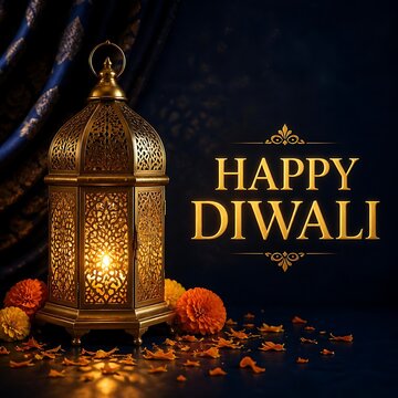Happy diwali greeting card design with ornate golden arabic lantern and marigold flowers festival greeting celebration traditional religion engraved moroccan