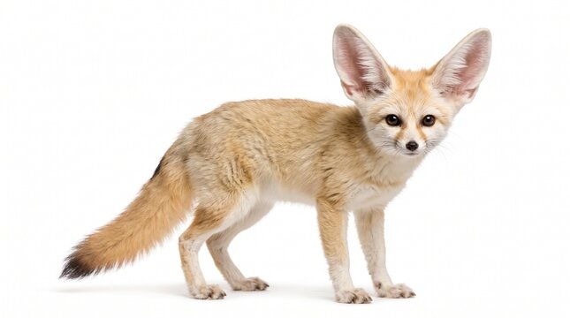 Fennec fox standing and looking at the camera against a clean white background.