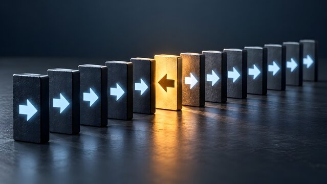 Golden block with backward pointing arrow standing out among dark blocks with forward arrows representing disruption and going against the crowd in business strategy